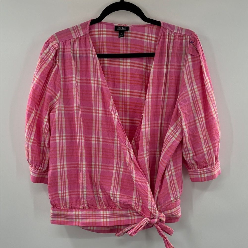 3for$20 a.n.a Pink Checkered Wrap Blouse size: XL